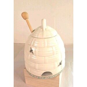 Pfaltzgraff Naturewood Honey Pot 3 pc unused beehive stoneware offwhite green
